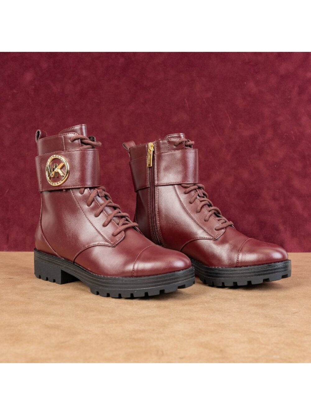 Michael Kors Women Tatum Vegan Red Leather MK Logo Festival Combat Boots sz 7